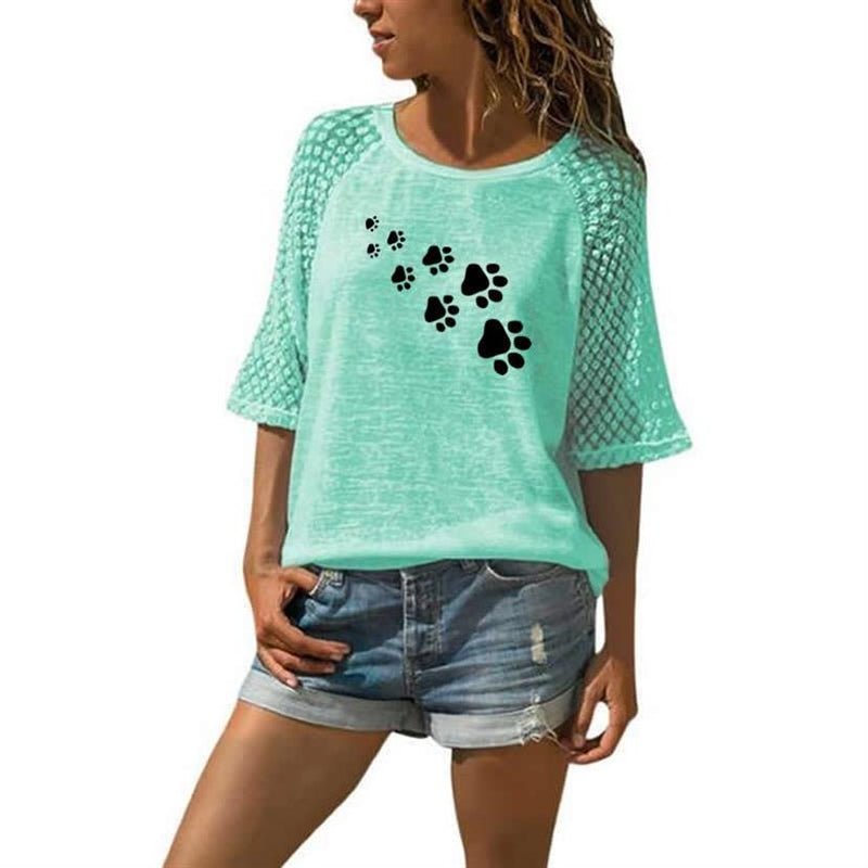 Neue Mode T-Shirt für Frauen Spitze Rundhals T-Shirt Hundepfote Buchstaben drucken T-Shirt Frauen Tops Sommer Grafik T-Shirts Streetwear