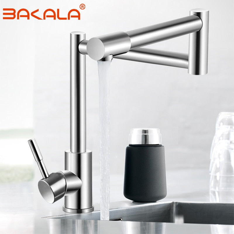 BAKALA 304 Stainless Steel Lead-free Folding Kitchen Faucet Mixer 360 Degree Swivel Single Handle Nickel Kitchen Sink basin Taps