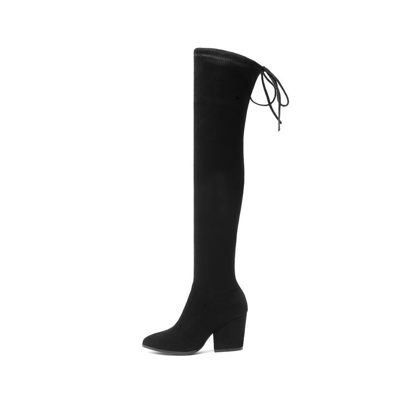 QUTAA 2021 Women Shoes Over The Knee High Boots Pointed Toe Autumn Winter Shoes Women Hoof Heels Flock Women Boots Size 34-43