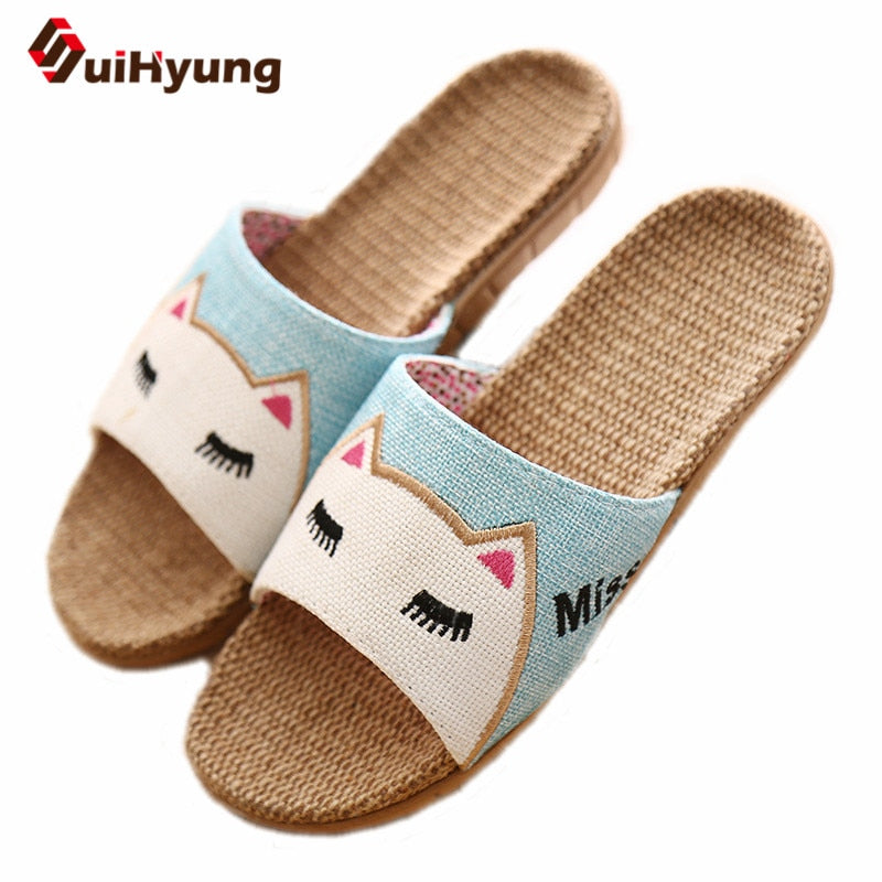 Suihyung Flax Slippers Women Summer Beach Shoes Cute Cat Flip Flops Breathable Slides Girls Indoor Linen Slippers Female Sandals