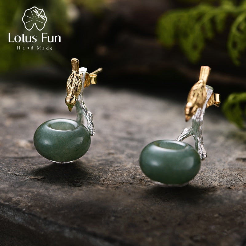 Lotus Fun Real 925 Plata de Ley piedra Natural creativa hecha a mano joyería fina pájaro encantador pendientes colgantes para mujeres Brincos