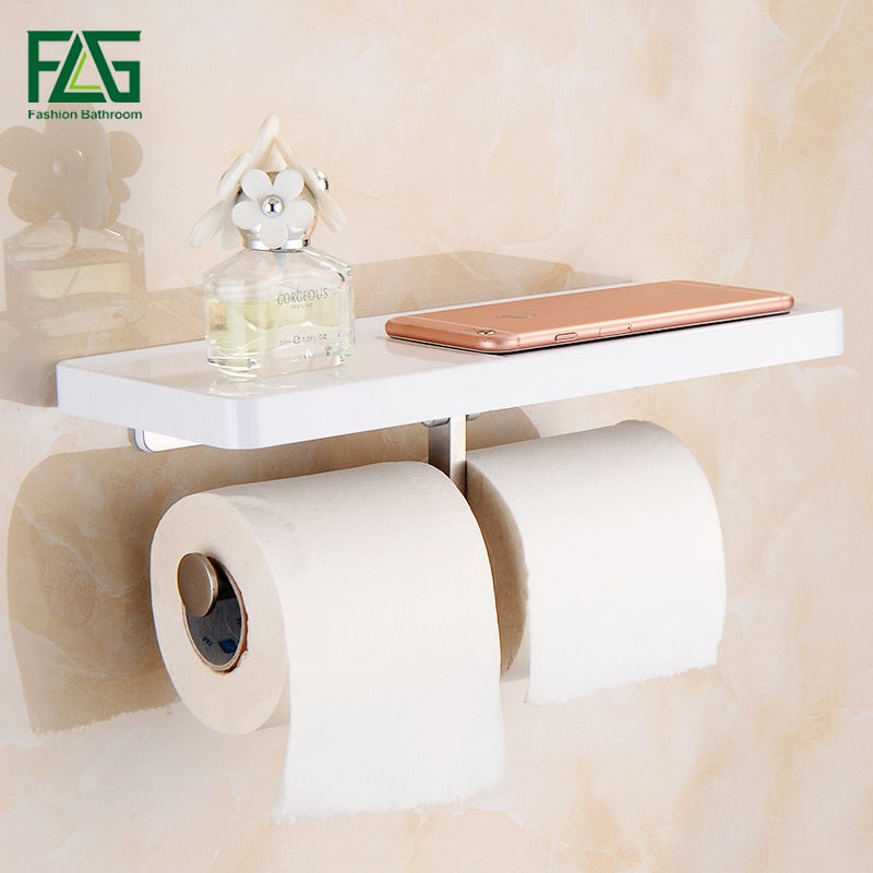 FLG Toilet Paper Holder Wall Mounted with White ABS and Stainless Steel Double Rolls Paper Holder Bathroom Accessories G163