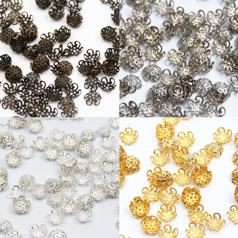 Perlenkappen 300 Teile/los Auswahl 4 Farben 5 Blatt hohle Blumen-Ende-Korn-Kappen 10 mm Schmuck-Entdeckungen, die DIY-Schmuckzubehör herstellen