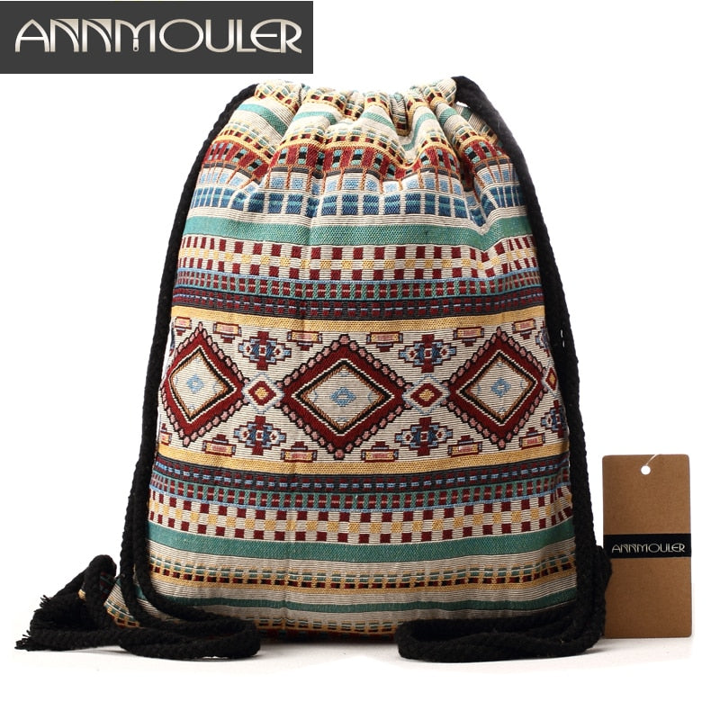 Annmouler Women Vintage Backpack Brand Canvas Shoulder Bag Bohemian Style String Bag Travel Storage Organizer Cotton Tribal Bag