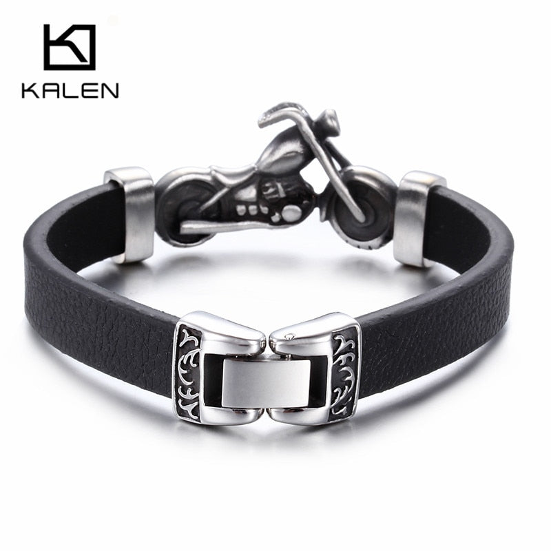 Kalen New Unique Male Jewelry Stainless Steel Motorcycle Charm Bracelet Rock Punk Durable Leather Bracelets Cheap Cool Gift