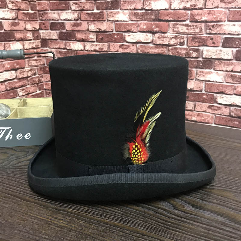 Schwarzer Herren-Fedora-Hut aus Wolle, flacher Hutmacher-Zylinder, traditioneller Präsidenten-Partyhut, Steampunk-Zauberhut mit Feder