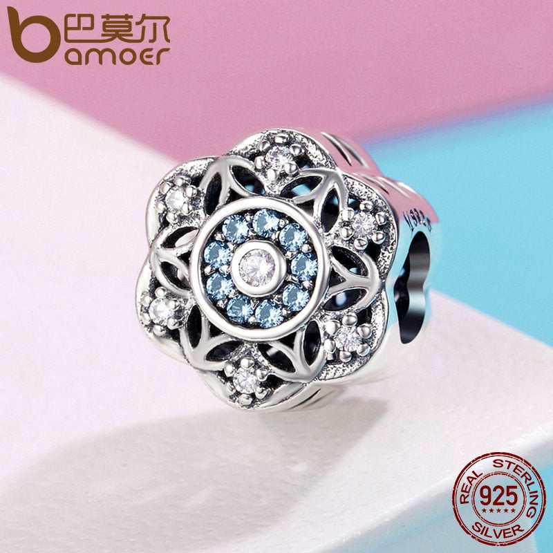 BAMOER High Quality Authentic 925 Sterling Silver Romantic Snowflake, Dazzling CZ Beads fit Charm Bracelet Bangle Jewelry SCC247