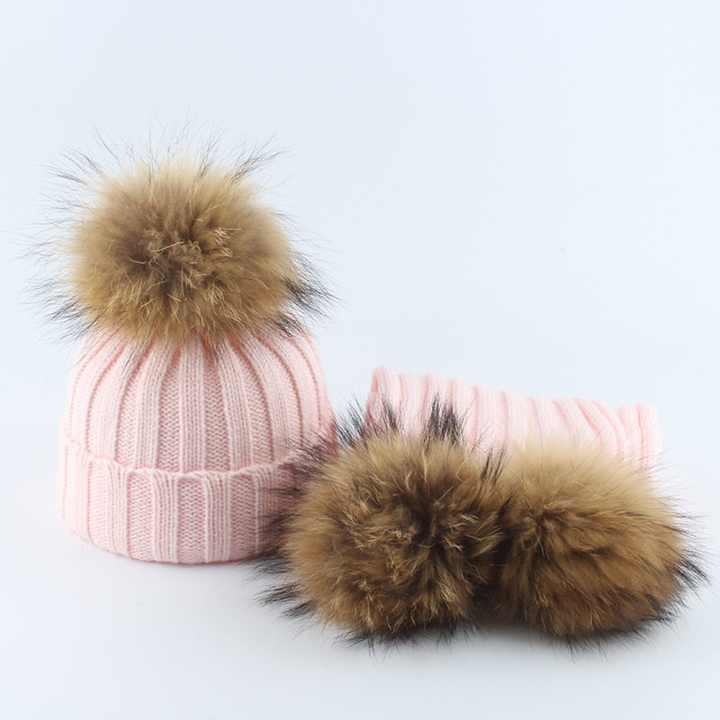 Children Real Fur Pompom Beanie Warm Knitted Hat and Scarf Set Boys Girls Winter Baby Cap