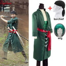 5PCS Japanese Anime Roronoa Zoro Cosplay Costume Comic Halloween Cosplay robe Full Set wig and kerchief free shipping