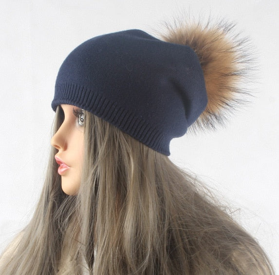 Gorro con pompón para otoño e invierno, gorros tejidos de lana para mujer, gorros informales de Cachemira para mujer, gorro con pompón de piel de mapache Real