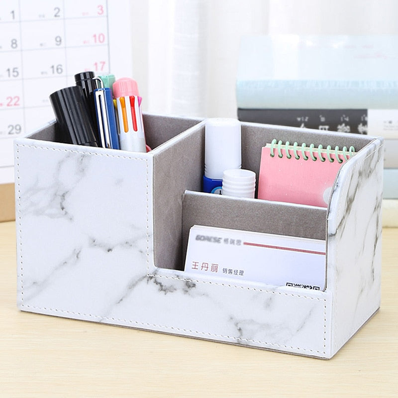 High Grade PU Leather Desk Organizer Wooden Pen Holder Pencil Box Marble Desk Storage Box &amp; Bin Stationery Pen Stand Containers