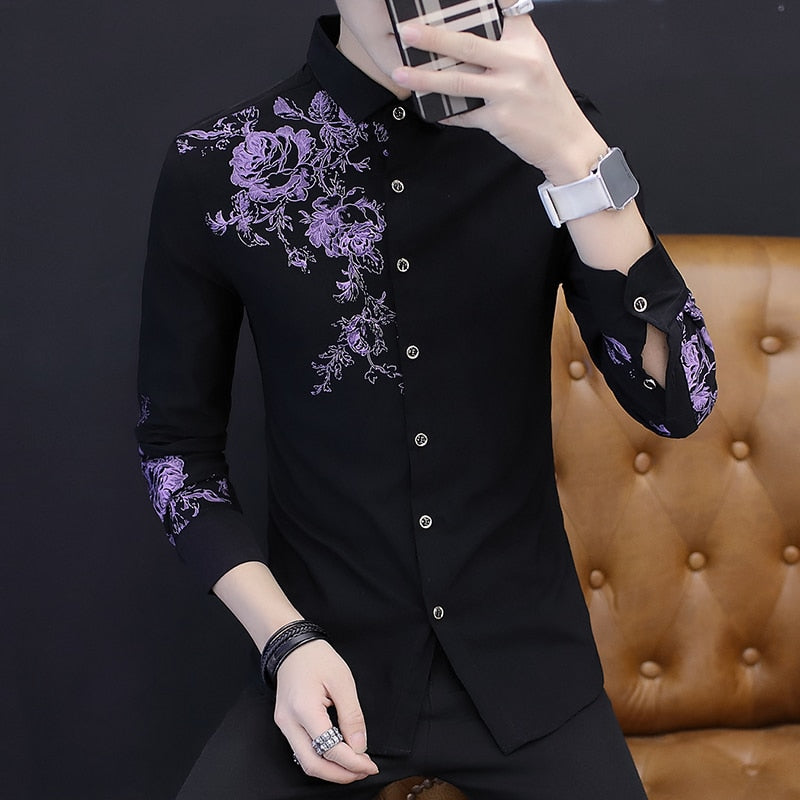 2021 Spring and Autumn Men&#39;s Long Sleeve Shirt Fashion Casual Rose Pattern Print Shirt Men&#39;s Business Social Banquet Slim Shirt