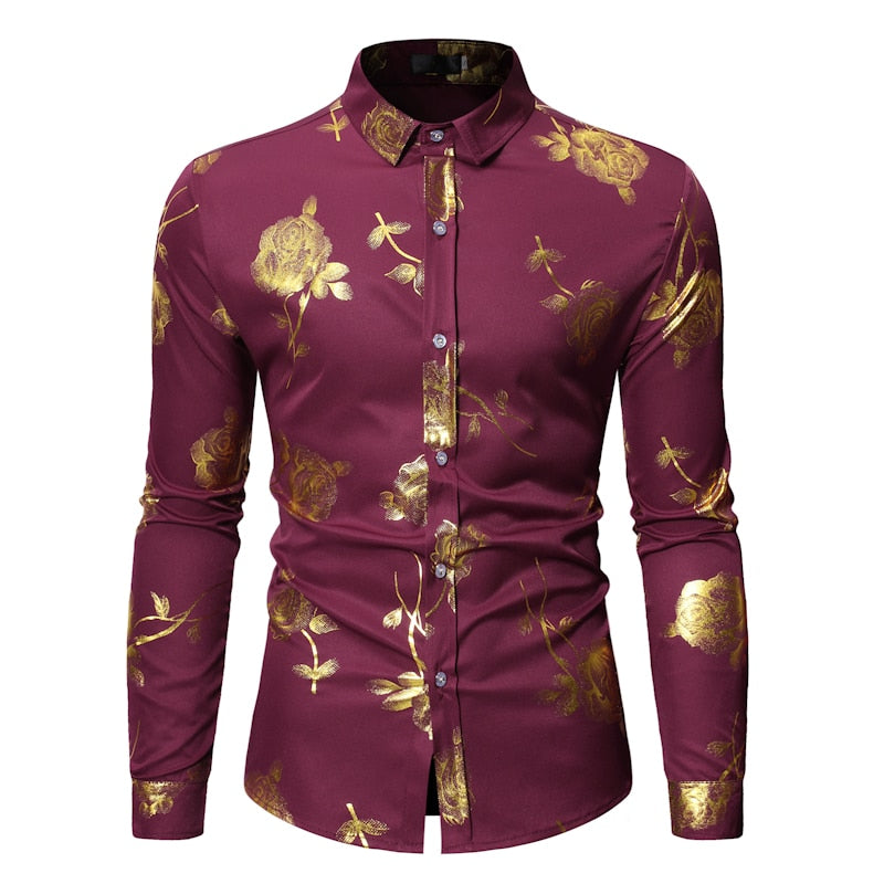 Camisas con estampado floral de rosas doradas para hombre Marca Floral Steampunk Chemise Blanco Manga larga Fiesta de bodas Bronceado Camisa Masculina