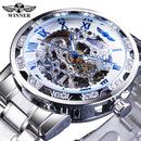 Winner Transparent Diamond Mechanical Watch Blue Stainless Steel Skeleton Watch Top Brand Luxury Business Luminous Male Clock
