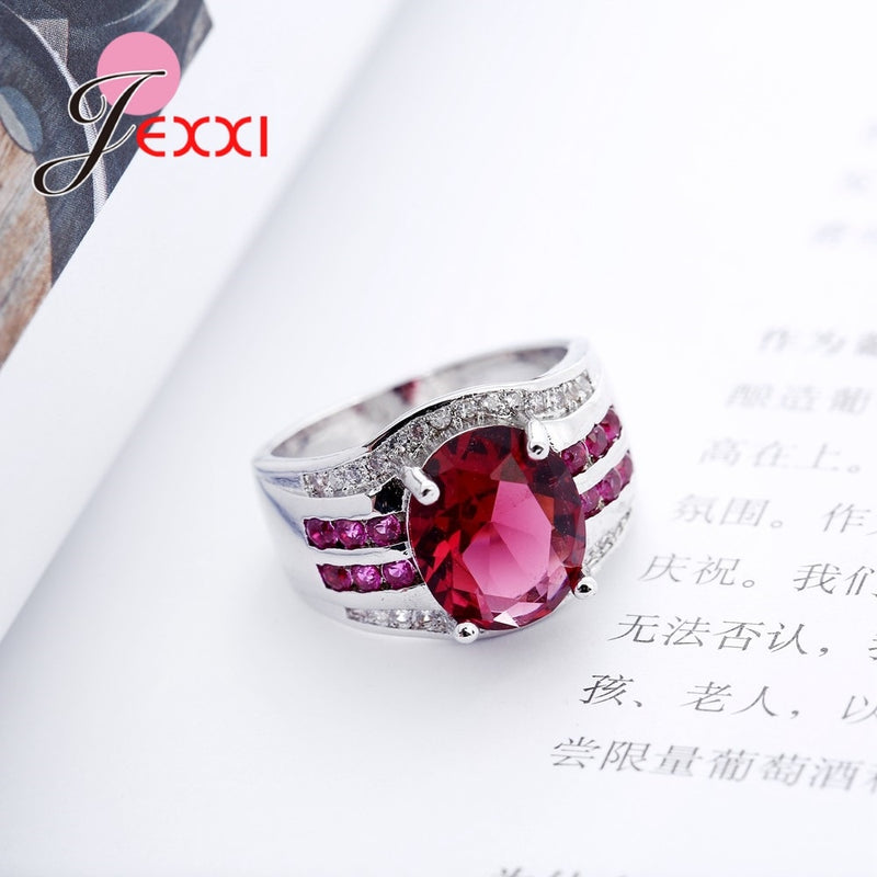 Classic Red Crystal  Rings Wedding Engagement Pure 925 Sterling Silver Rings For Women Latest Style Accessory