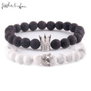 Luxury natural stone beads Couple Lovers bracelet Set CZ King Queen Crown Charm women yoga Bracelets Bangles for men jewelry
