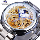 Forsining Automatic Mechanical Business Watch Mens Clock Golden Moon Phase Steel Strap Wrist Watches Top Brand Relogio Masculino