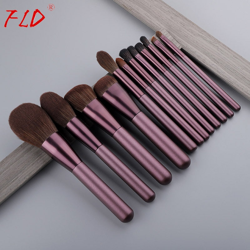 Juego de brochas de maquillaje con mango de madera FLD, 12 Uds., juego de brochas para colorete, delineador de ojos en polvo, juego de brochas de maquillaje para base, Kit de herramientas cosméticas