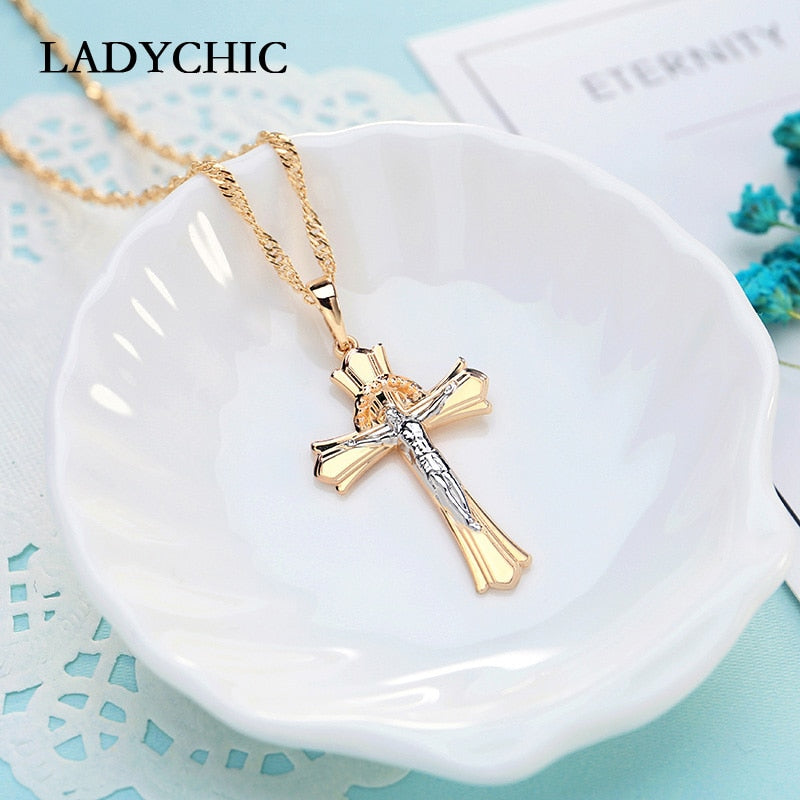 LADYCHIC Crucifix Jesus Gold Cross Necklace for Women Men Classic Christian Cross Pendant Church Accessories Dropshipping LN1069