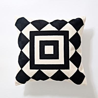 Home Decor Embroidered Cushion Cover Black White Abstract Geometric Canvas Cotton Square Embroidery Pillow Cover 45x45cm