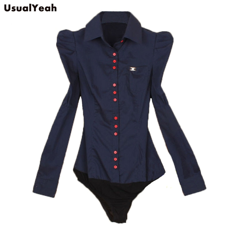 New Fashion Elegant Long sleeve Cotton OL Body Shirt Office Ladies Bodysuit Button Design Dark Blue White Red S-3XL Plus Size