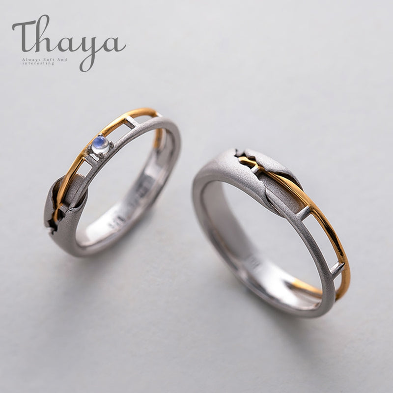 Thaya Zugschiene Design Mondstein Liebhaber Ringe Gold und Hohl 925 Silber Eleganter Schmuck für Frauen Edelstein Süßes Geschenk