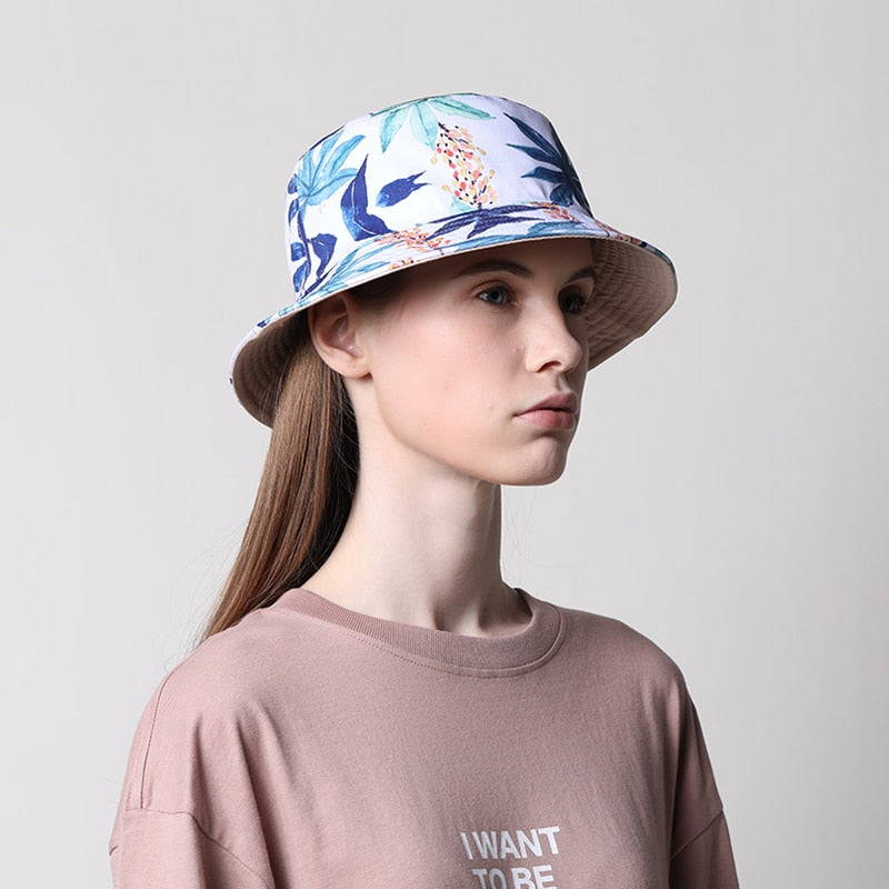 NUZADA Print Bucket Hat Sommerhüte für Frauen Fischerhut Baumwolle faltbar weibliche Sonnenschutzkappen doppelseitig kann getragen werden