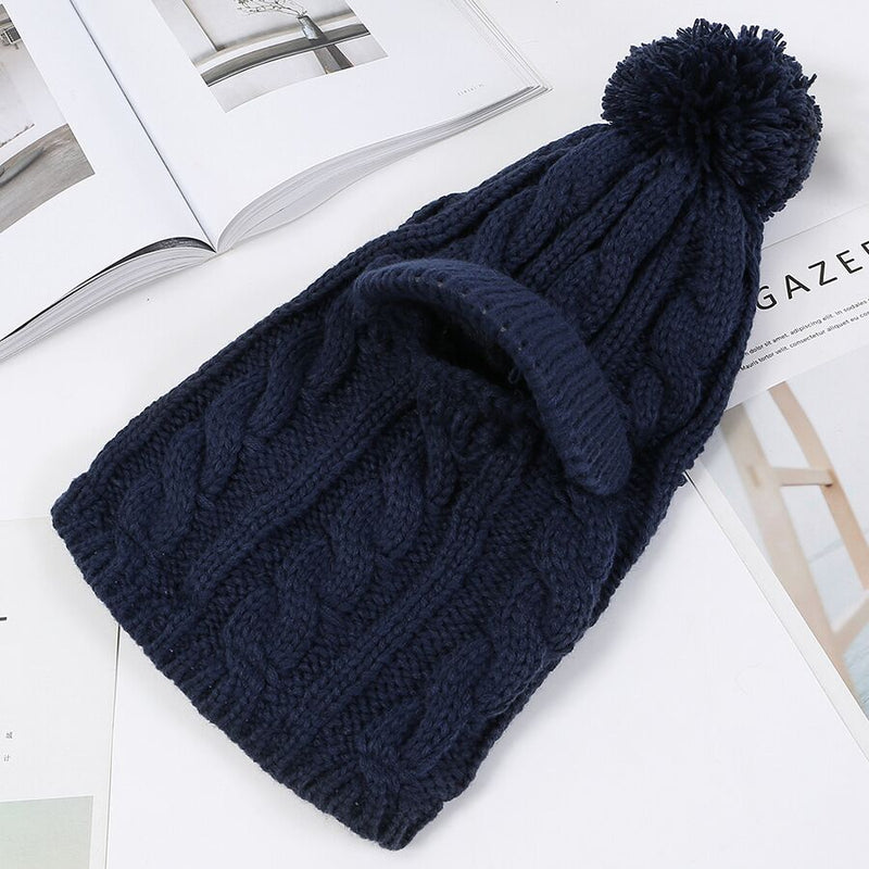 2021 Warm Neck Knit Hat Fur Pompoms Hat Mask Winter Hat For Girl Wool Knitted Hat Female Balaclava Caps Gorras Bonnet