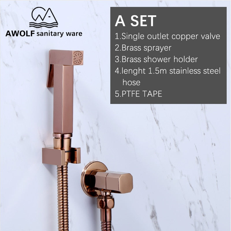 Solid Brass Rose Gold Hand Held Bidet Sprayer Square Toilet Shattaf Dual Single Copper Valve Douche Kit Shower Head AP2180