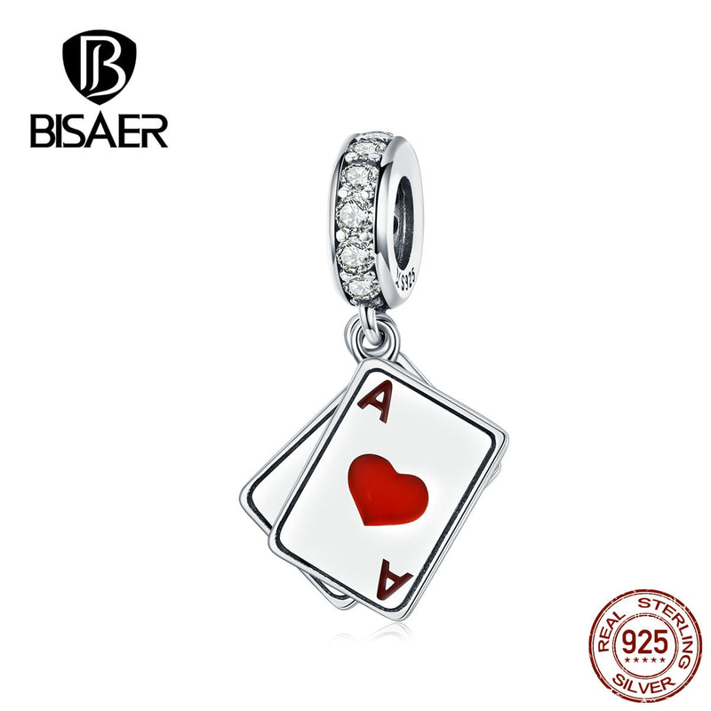 BISAER Poker Love Pendant 925 Sterling Silver Ace In Poker Love Charms Beads Fit For Bracelets Necklaces DIY Jewelry ECC1172