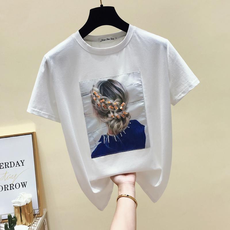 gkfnmt Korea Style Fashion T-shirt Women Tops Cotton Short Sleeve Appliques White Tshirt Women Summer Top Black Tee Shirt 2021