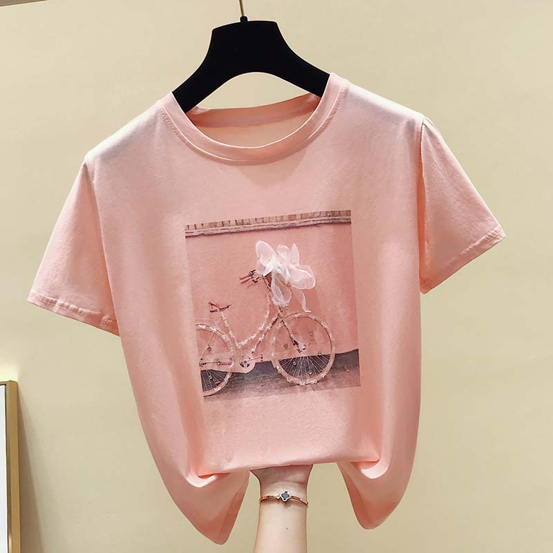 gkfnmt 2021 Fashion Cool Print Female Summer T-shirt White Cotton Women Tshirts Casual Harajuku T Shirt Femme Pink Loose Top