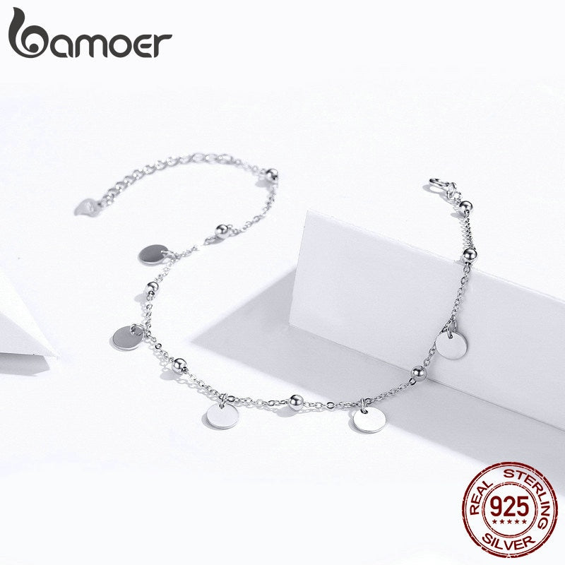 bamoer Silver Beads Anklets 925 Sterling Silver Geometric Minimalist Summer Fashion Foot Jewelry Bracelet for Ankle  SCT011