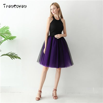 Gothic 7 Schichten 65cm Mischfarben Tutu Tüllrock Damen Streetwear Hohe Taille Falten Midiröcke spudniczki jupe rokken faldas