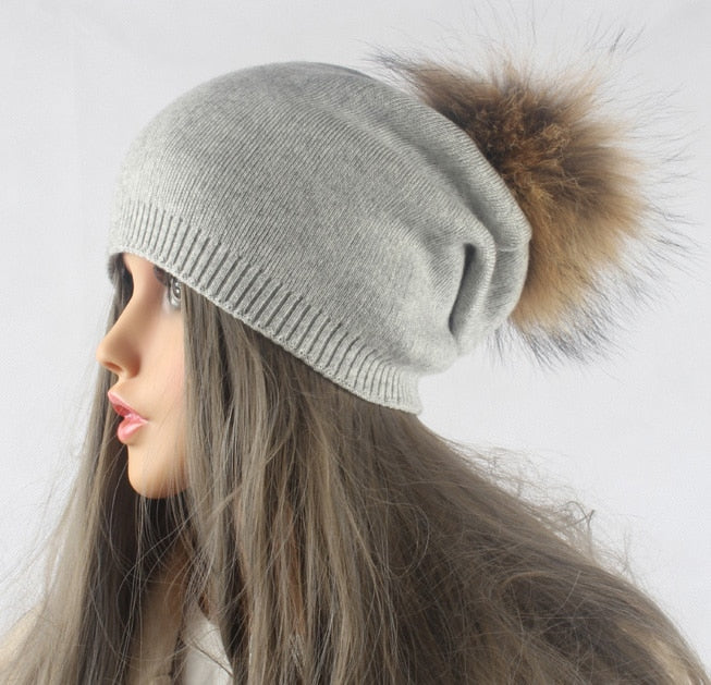 Gorro con pompón para otoño e invierno, gorros tejidos de lana para mujer, gorros informales de Cachemira para mujer, gorro con pompón de piel de mapache Real