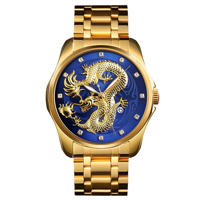 2020 SKMEI Luxus Chinesische Drachen Muster Männer Goldene Quarzuhr Männliche Uhren Wasserdichte Armbanduhren Relogio Masculino 9193