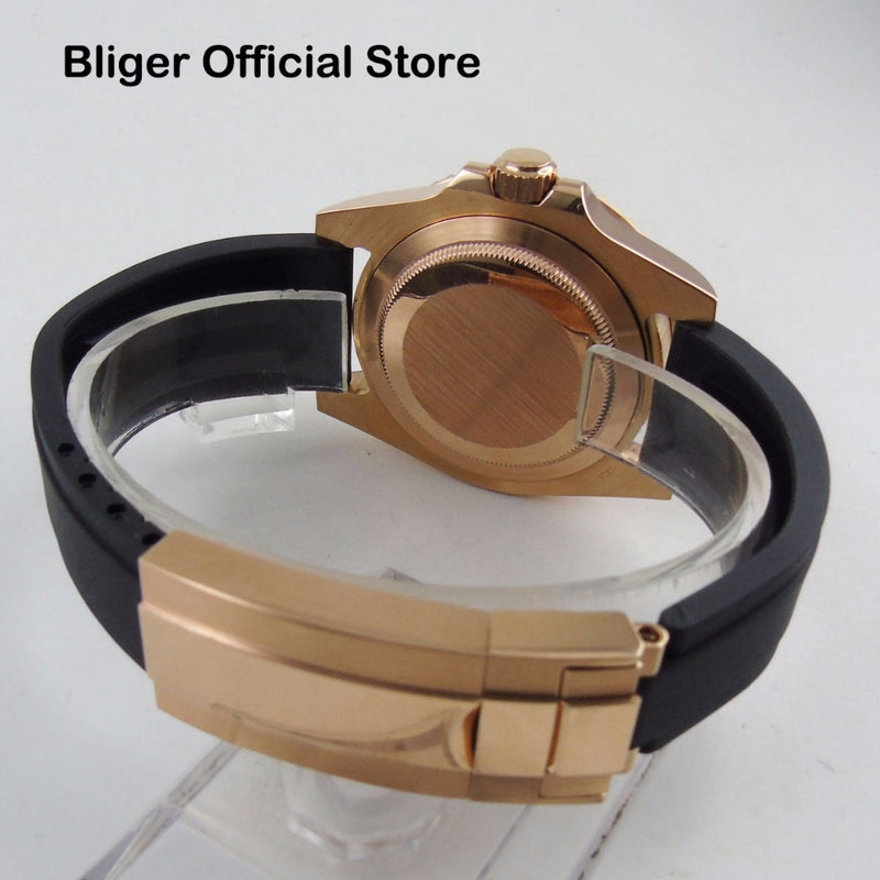 BLIGER Japan 24 Juwelen NH35 PT5000 Roségoldgehäuse Automatik Herrenuhr Ceremic Lünette Schraubkrone Steriles Zifferblatt Kautschukband