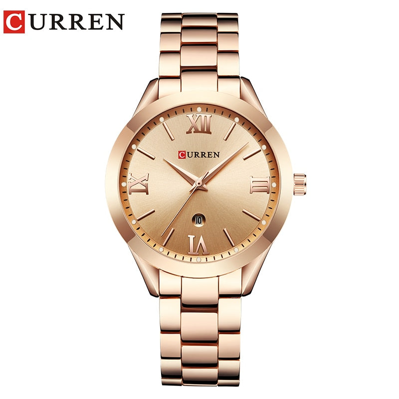 CURREN Marke Frauen Stahl Uhr Damen Luxus Kleid Mode Quarz Armbanduhr Klassische Kristall Gold Armband Frauen Uhr Uhr