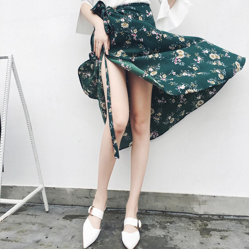 2021 Bohemian High Waist Floral Print Summer Skirts Womens Boho Asymmetrical Chiffon Skirt Maxi Long Skirts For Women