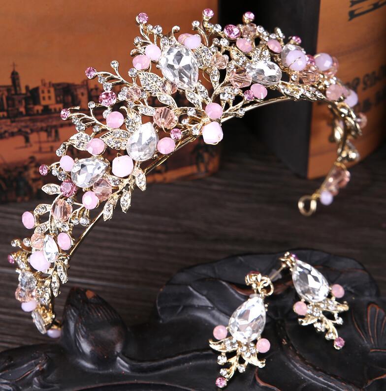 Pink Gold Color Pearl Bridal Crowns Handmade Tiara Bride Headband Crystal Wedding Diadem Queen Crown Wedding Hair Accessories