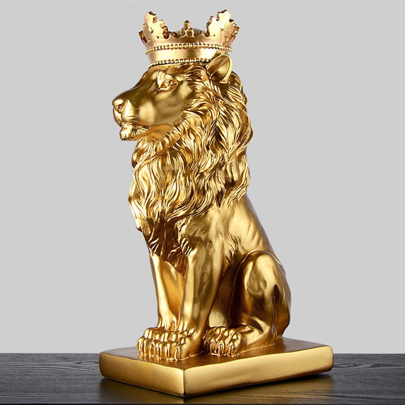 Modern Resin Animal Statue Golden Crown Black Lion Figurine for Home Decoration Accessories for Living Room Desk Home Decor