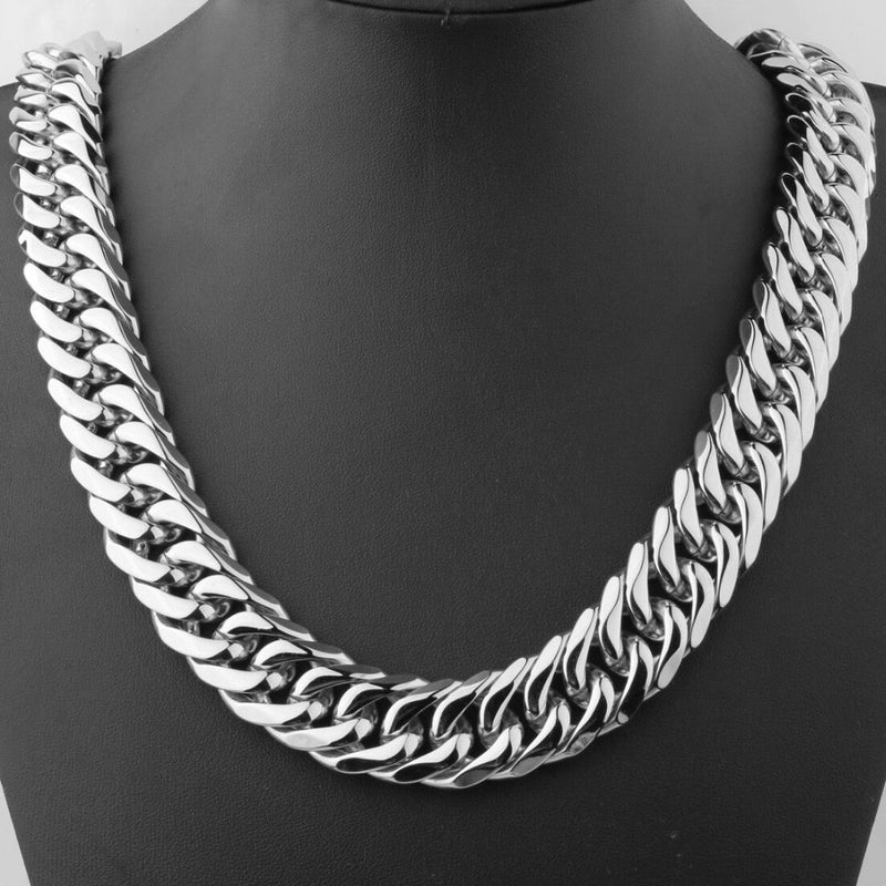 Custom Length 16/19/21mm Width Heavy Silver Color Cut Curb Cuban Chain 316L Stainless Steel Mens Necklace Or Bracelet 7&#39;&#39;-40&#39;&#39;