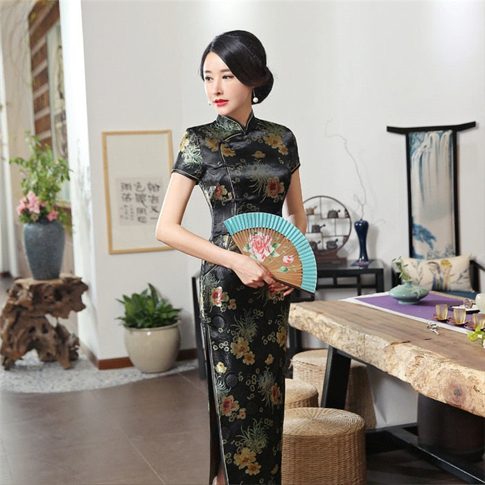 2021 nuevo Cheongsam de rayón verde de alta moda chino clásico Qipao de mujer elegante de manga corta novedad vestido largo S-3XL C0136-D