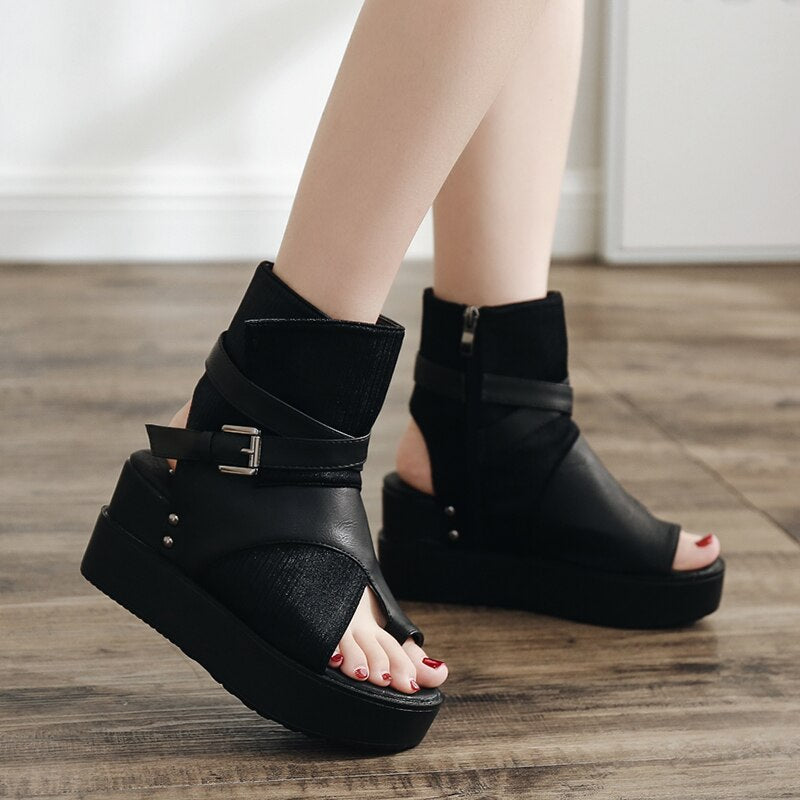 Gdgydh Black Women Ankle Boots Spring Autumn Peep Toe Flat Heel Boots For Female Buckle Platform Wedges Shoes Summer Comfortable