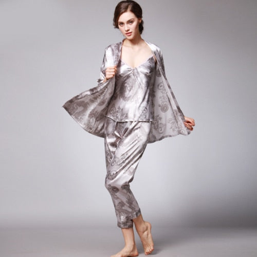 SSH008 Women Satin Silk Pajama Set Female 3pcs Full Sleeves Sleepwear Loungewear Women Nightgown Spring Autumn Nightwear Pajamas