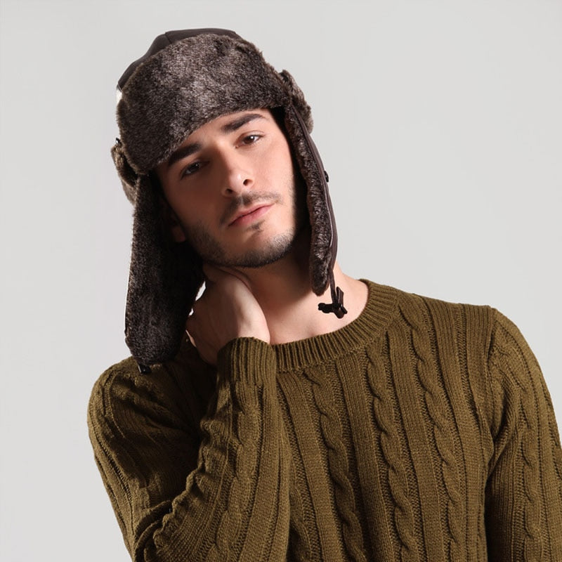 Bomber Hat with Ear Flap Mens Winter Faux Leather Fur Russian Earflap Trapper Cap Aviator Fleece Beanie Male