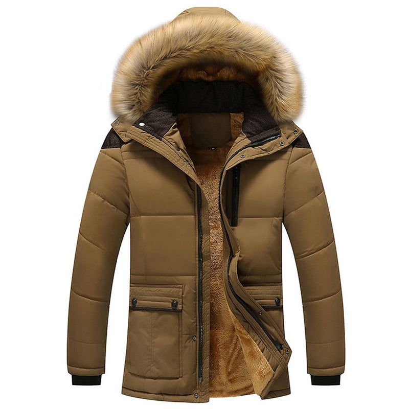 Chaquetas de invierno de piel de montaña para hombre, abrigos gruesos de lana 5XL con cuello de piel y capucha para hombre, chaqueta informal para hombre, prendas de vestir exteriores a prueba de viento SA390