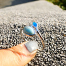 Anillos de Larimar Natural fino, anillo de hojas, anillos de mujer Larimar, joyería de ópalo azul, joyería de plata de ley 925, anillos de boda Larimar