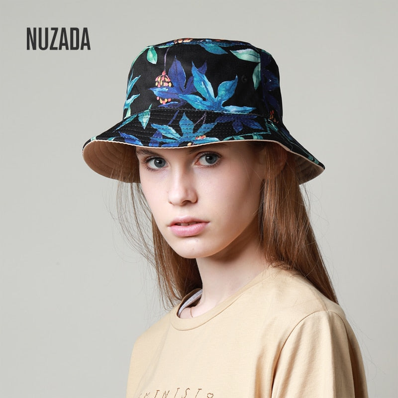 NUZADA Print Bucket Hat Sommerhüte für Frauen Fischerhut Baumwolle faltbar weibliche Sonnenschutzkappen doppelseitig kann getragen werden