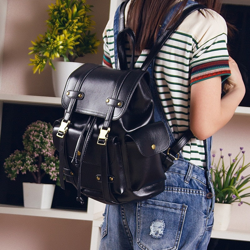 Vintage Leather Backpack Women Fashion Large Drawstring Rucksack School Travel Bag For Teenage Girls mochilas Black Brown XA480H